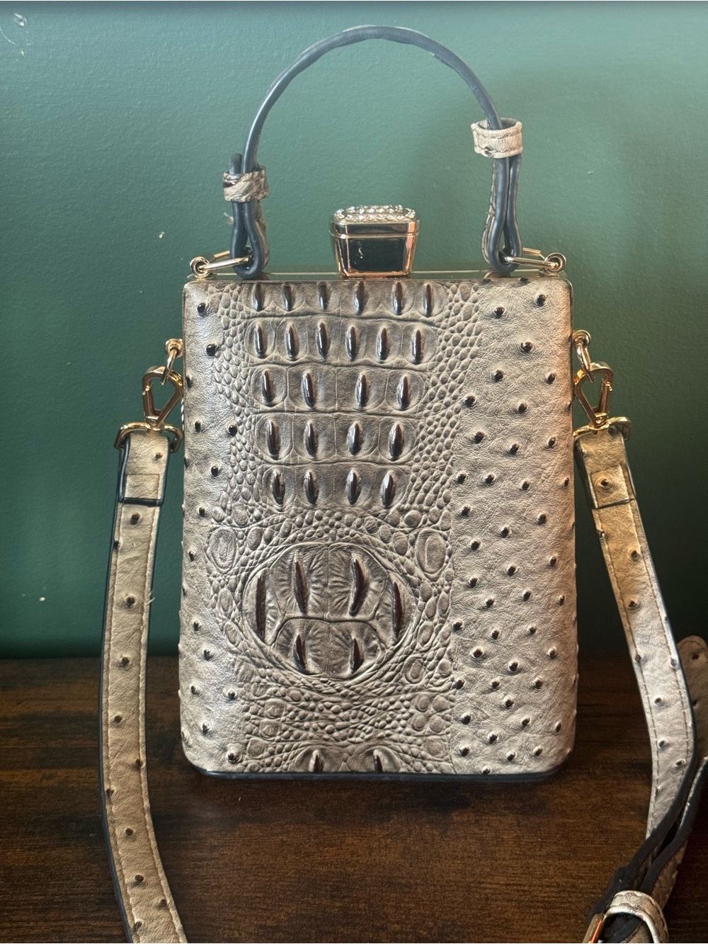 Isabelle Faux Leather Ostrich and Crocodile Frame Crossbody Satchel